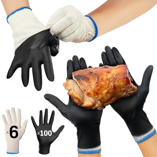 Raxwell BBQ Gloves - 6 Heat Resistant Cotton Liners + 100 Nitrile Food Prep Gloves for Barbecue Smoker, Cooking & Hot Food - Size X-Large - Grilling Accessories