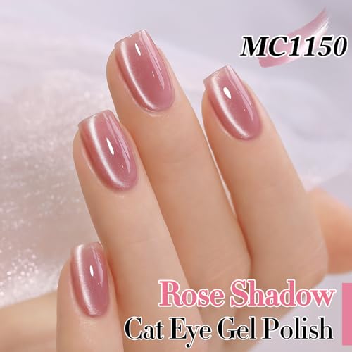 Double Rhythm 15ML Glass Cat Eye Gel Polish with Magnet Same Color Same Bottle Holographic Glitter Shimmer Salon Soak Off Magnetic Nail at Home (Rose Pink-MC1150)