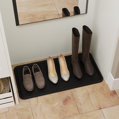 Indoor/Outdoor Hose-Wash Lines Design Non-Slip Rubber 16" x 32" Modern Entryway Mat for Entryway, Patio, Backyard, Garage, 16" x 32", Black