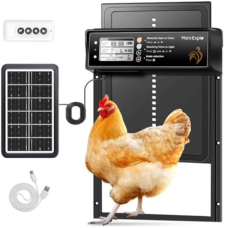 Solar Powered Automatic Chicken Coop Door, LCD Display, Timer & Light Sensor, 20-m Remote Control,Electirc Door,4 Modes, USB Rechargeable Battery, Black