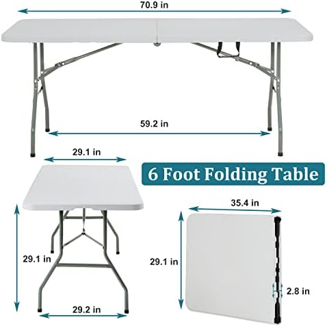 6FT Folding Table, Heavy Duty Plastic Table Portable Fold-in-Half Utility Table Indoor Outdoor Picnic Table w/Handle & Lock for Camping BBQ Party Wedding Market Events, 500LBS