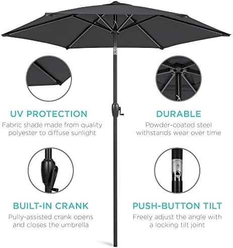 Best Choice Products 7.5ft Heavy-Duty Round Outdoor Market Table Patio Umbrella w/Steel Pole, Push Button Tilt, Easy Crank Lift - Black