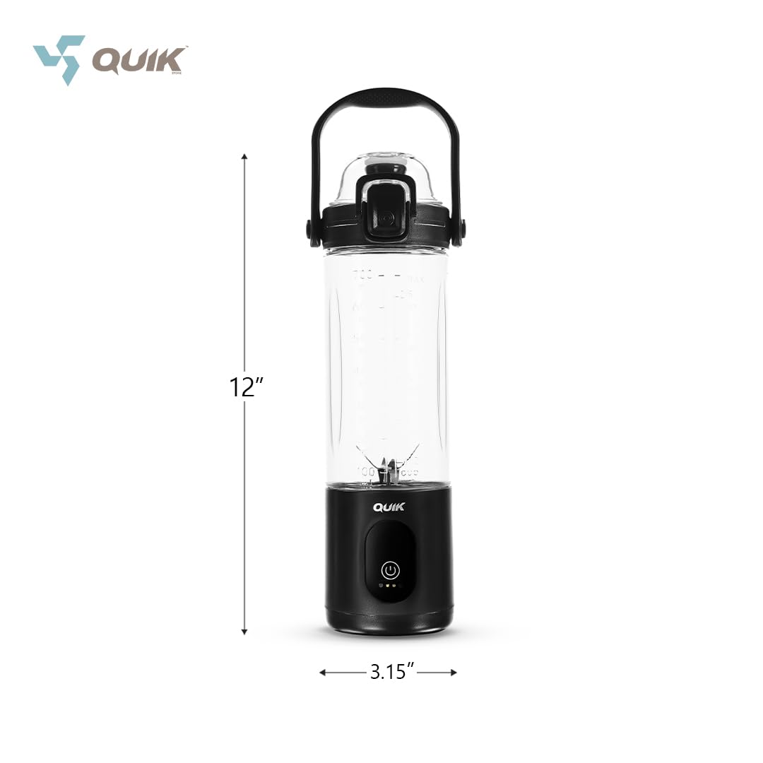 QUIK Portable Blender - Cordless 24oz. Personal Blender for Shakes and Smoothies, Licuadora, BPA Free - Ice Crush, Dishwasher safe parts, Waterproof, Triple Batteries, Juicer Cup, Black