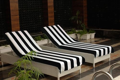 COTTON CRAFT Pool Lounge Chair Cover - 2 Pack - Chaise Spa Beach Chair Towel Cover - Cabana Stripe - Soft 100% Ringspun Terry Cotton - Oversized 32 inch Wide x 82 inch Long with 7 inch Pocket – Black