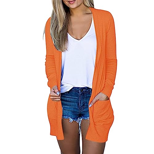 Lightweight Cardigan for Women 2024 Fall Casual Solid Long Sleeve Open Front Cardigans Outwear with Pockets Orange
