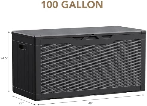 Devoko 100 Gallon Waterproof Large Resin Deck Box Indoor Outdoor Lockable Storage Container for Patio Furniture Cushions Garden Tools (100 Gallon, Black)