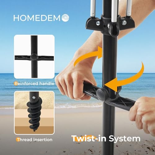 HOMEDEMO 7ft Beach Umbrellas For Sand Heavy Duty Wind, Portable Beach Umbrella UPF 50+ Windproof Outdoor Beach Umbrella with Sand Anchor, Tilt Pole, Carry Bag, Table Tray, Vent and Hook