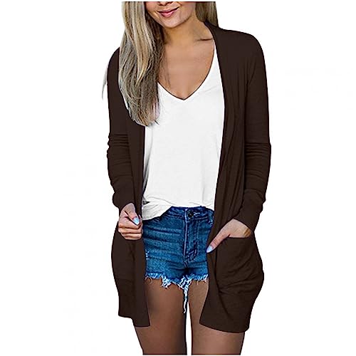 Lightweight Cardigan for Women 2024 Fall Casual Solid Long Sleeve Open Front Cardigans Outwear with Pockets Coffee