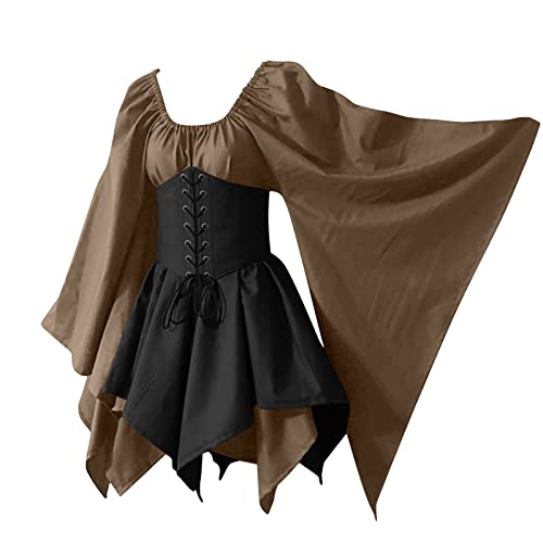 KEGIRLOM Online Shopping for Women Women's Medieval Renaissance Dress Costume Flare Sleeve Corset Skirt Overskirt Elven Archer Irish Over Gown 2pcs Set,Princess Dress Adult