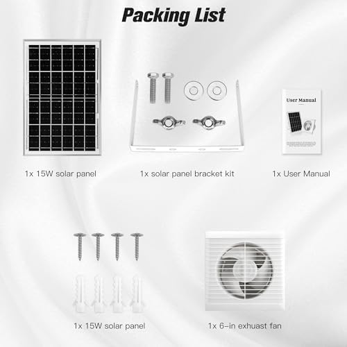 Solar Powered Exhaust Fan, 15W Solar Panel + 6" Ventilation Vent Fan for Outside Greenhouse, Chicken Coop, Shed, Pet House