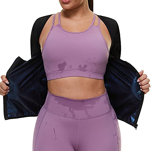 Sauna Suit for Women Sweat Body Shaper Jacket Hot Waist Trainer Long Sleeve Zipper Shirt Workout Top (Black, Small)