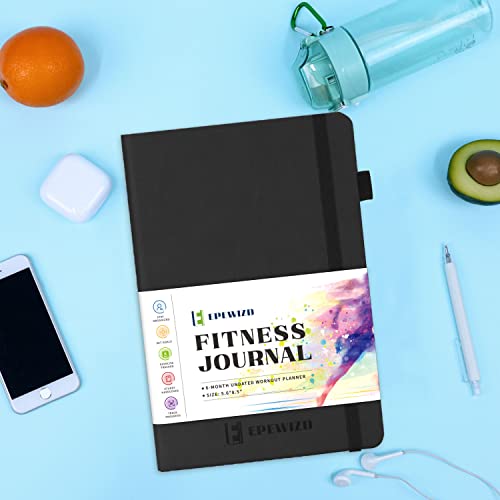 EPEWIZD Fitness Journal Hardcover 6- Month Workout Planner Undated Workout Log Book Home Gym Accessories for Women and Man (Black)