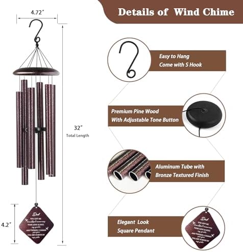 Sympathy Gifts for Loss of Dad, 32" Memorial Wind Chimes for Loss of Father, Memorial/Bereavement Gifts for Loss of Father, Loss of Father Sympathy Gift, in Memory of Dad Papa (Bronze)