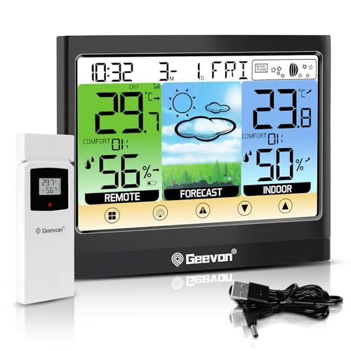 Geevon Weather Stations Wireless Indoor Outdoor Thermometer Hygrometer with Dew Point, Heat Index, Touch LCD Display Digital Weather Thermometer with Alarm Clock and Adjustable Backlight