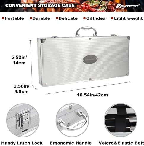 ROMANTICIST 20pc Heavy Duty BBQ Grill Tool Set in Case - The Very Best Grill Gift for Father's Day and Christmas - Professional BBQ Accessories Set for Outdoor Cooking Camping Grilling Smoking, Grey