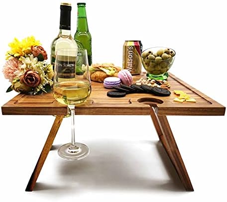 Portable Wine Picnic Table, Acacia Wood, Larger Tray Foldable, Charcuterie Board, Wine Gift, Decoration for Romantic Camping, Engagement Party, Concerts at Park, Glamping, Wood Color