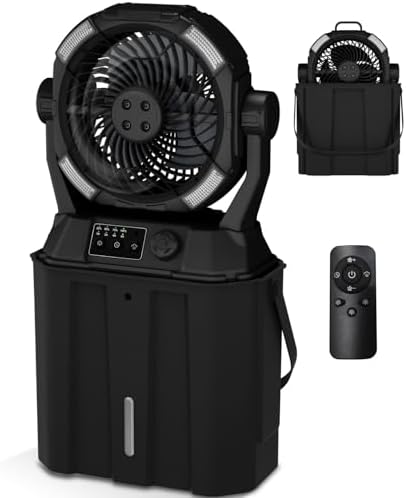 Misting Fan Portable Camping Fan 42800mAh Rechargeable with Remote Control, 3 LED Light & Stepless Speed Control & Cooling Spray with 6L Bucket, Timer Function, Portable Handle, Rotating Hanging Hook