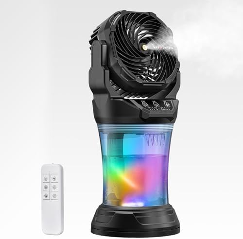 Portable Misting Fan,30000mAhRechargeable Misting Fan With Remote,Portable Mist Fans for Outside Patios Camping Beach & Travel,RGB Light,4 Speeds & Spray,120° Auto Oscillating,2l Bucket Mist Cooling
