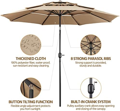 Yaheetech 3-Tier Patio Umbrella 10ft Vented Outdoor Canopy Sun Shade Large Market Table Umbrella Double-layer Cloth & Push-button Tilting for Yard/Garden/Park Tan