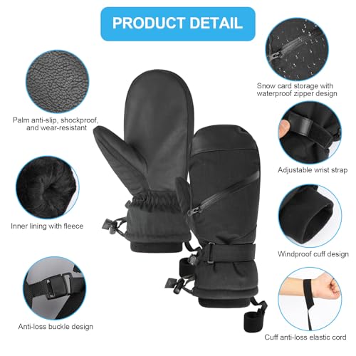 QKURT Ski Mittens, Winter Waterproof Snow Gloves Touchscreen Ski Gloves, Mens Thermal Snow Mittens Winter Cold Weather Gloves for Outdoor Skiing Running Cycling Hiking Snow