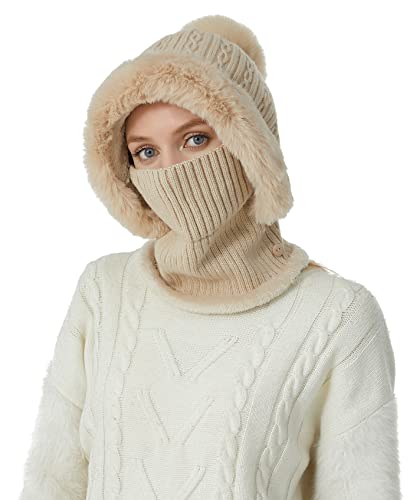 HUAMULAN Women Winter Knit Balaclava One Piece Skull Beanie Hat Neck Circle Scarf Set Ski Snow Slouchy Earmuff Pompom Hats
