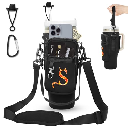 Sunegg Initial Water Bottle Carrier Bag for Stanley 40 oz Tumbler with Handle, Water Bottle Holder Pouch with Phone Pocket, Straw Cover & Carabiner, Nice Accessories for Stanley Cup(Black S)