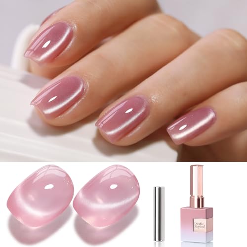 Double Rhythm 15ML Glass Cat Eye Gel Polish with Magnet Same Color Same Bottle Holographic Glitter Shimmer Salon Soak Off Magnetic Nail at Home (Rose Pink-MC1150)