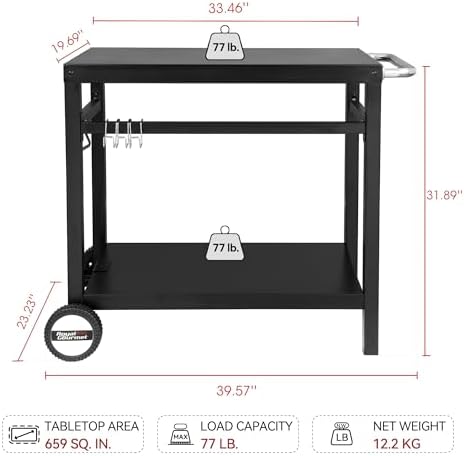 Royal Gourmet Dining Cart Table with Double-Shelf, Movable Stainless Steel Flattop Grill Cart, Hooks, Side Handle, Multifunctional PC3401B (Black)