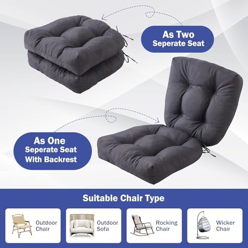 Outdoor Chair Cushions Set of 2, Patio Chair Cushions with Ties, 19x19 Tufted Outdoor Seat Cushions, Waterproof Patio Furniture Cushions, Outdoor Dining Chair Pads, Dark Grey