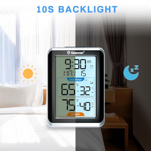 Geevon Wireless Indoor/Outdoor Thermometer & Hygrometer, Digital Temperature & Humidity Sensor with Time, Clock, 200ft/60m Range, Large Display