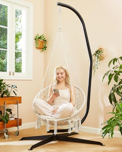 Greenstell Hammock Chair, Macrame Swing Chair with Comfy Cushion, Boho Hanging Chair for Outdoor & Indoor, Perfect for Bedroom, Patio, Balcony, Hold up to 330Lbs, Beige