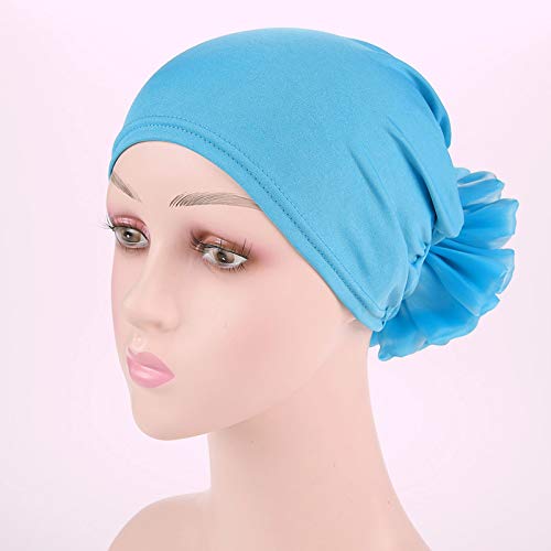 Muslim Women Flower Elastic Turban Beanie Head Scarf wrap Chemo Cap hat for Cancer Patient (Blue)
