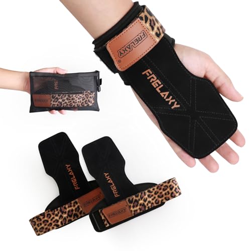Frelaxy Lifting Wrist Straps Women and Men, Weight Lifting Grips with Cushion Wrist Loop, Double Layer Leather and Storage Pouch, Gym Workout Straps for Deadlift and Powerlifting (All Black)