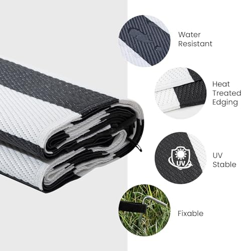 STRICKLANDHOME Outdoor Rug Waterproof 5 x 8 ft, Reversible Plastic Straw Rug for Patio, Large Outdoor Carpet for RV, Patio, Camping, Backyard, Deck, Picnic, Beach, Black & White