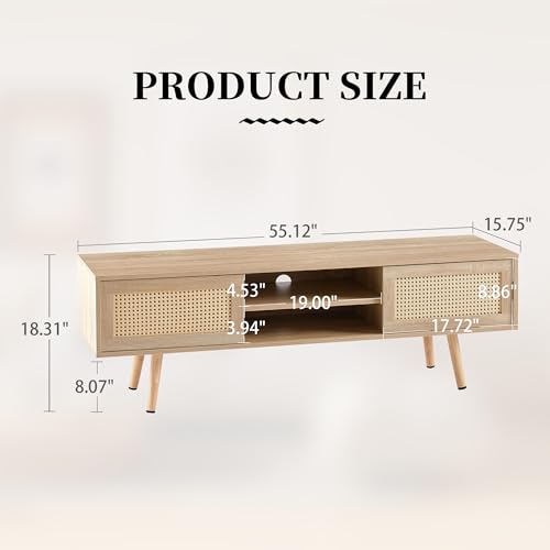 Rattan TV Stand for Bedroom, Entertainment Center for 55 Inch TV, Modern TV Stands with Storage, Small TV Media Table, TV Console Cabinet for Living Room, Farmhouse, Oak, Wood