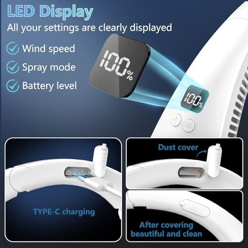 Neck Fan Rechargeable-Misting Neck Fans that Blow Cold Air,Folding Neck Cooling Fan with LED Display&5 Fan Speeds,Indoor Outdoor Hanging Bladeless Battery Powered Neck Cooler for Women Men Kids White