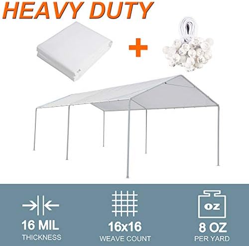 10 x 20 Ft Carport Replacement Canopy Cover Garage Top Tent Shelter Tarp with Free 44 Ball Bungee Cords,White(Only Cover, Frame Not Include) (10x20 White)
