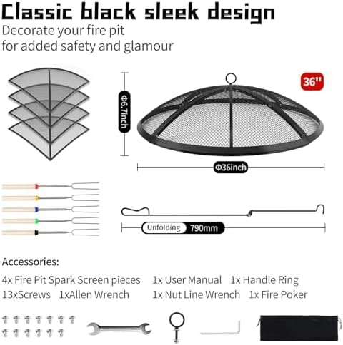 Fire Pit Spark Screen, Outdoor 36 Inch Round Fire Pit Screen with Foldable Hook and Marshmallow Sticks, Heavy Duty Steel Mesh Fire Pit Cover for Backyard, Beach, RV Camping