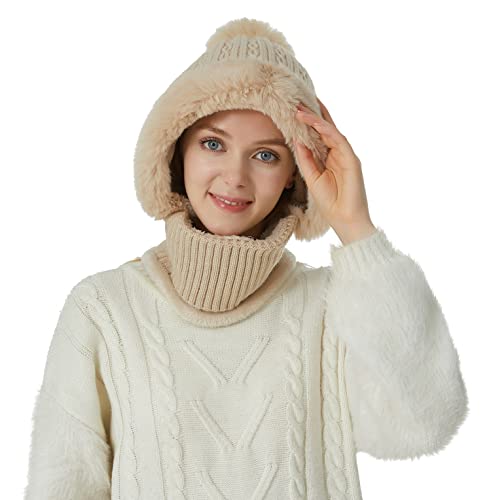 HUAMULAN Women Winter Knit Balaclava One Piece Skull Beanie Hat Neck Circle Scarf Set Ski Snow Slouchy Earmuff Pompom Hats