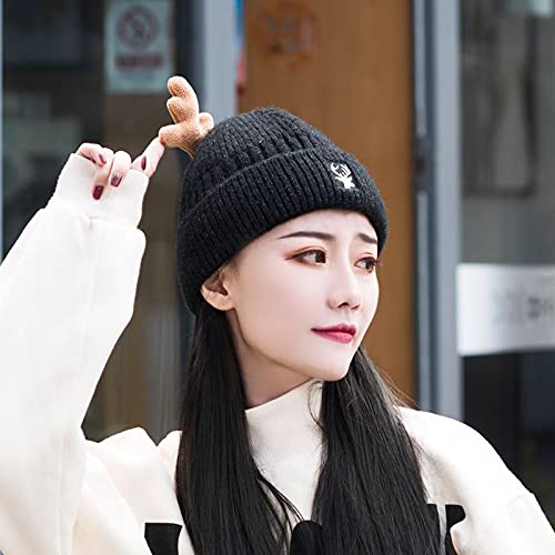 HMTRADE Christmas Knitted Antler Hat,Cute Reindeer Antlers Knitted Hat,Crochet Knit Cap for Adults,Winter Warm Beanie Cap Black