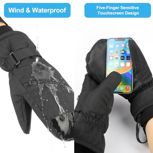 QKURT Ski Mittens, Winter Waterproof Snow Gloves Touchscreen Ski Gloves, Mens Thermal Snow Mittens Winter Cold Weather Gloves for Outdoor Skiing Running Cycling Hiking Snow