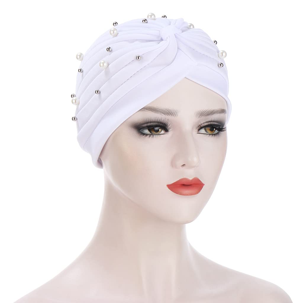 Fxhixiy Turban Hats for Women Beaded Pre Tied Knot Hats Chemo Beanies Headwrap caps for Cancer Hair Cover (White)