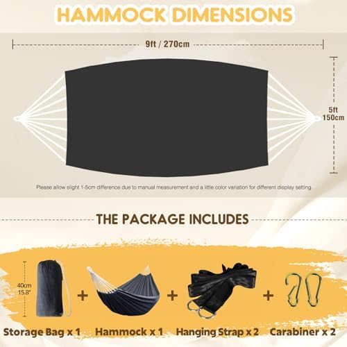 ANYOO Cotton Hammock Portable Camping Hammocks for Hanging Sturdy Garden Comfortable Fabric Hammock with Tree Straps Up to 660lbs with Travel Bag for Camping Outdoor/Indoor Patio Backyard
