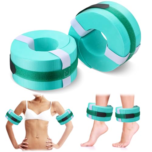 RoundFunny 2 Pcs Foam Swim Aquatic Cuffs Equipment Water Aerobics Float Ring with Detachable Hook and Loop Fastener Fitness Workout Set for Swimming Fitness Training Pool Exercise (Aquamarine)