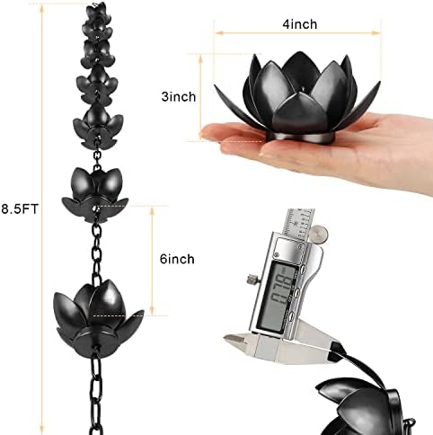 Oak Leaf Rain Chain, Lotus Rain Catcher Chain for Gutters Outside with Adapter, Rain Chain Cups to Replace Gutter Downspout, Divert Water and Home Display, 12 Cups, Adjustable,Black Powder Coated