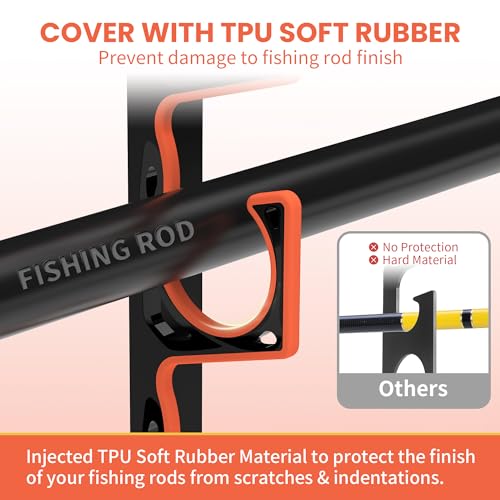 Fishing Rod Holder for Garage, H5 Wall or Ceiling Mounted Fishing Pole Holders with Soft Protective Pad, Fishing Rod Storage Organizer, Horizontal Fishing Rod Wall Mount Nets Storage (2 PACK)