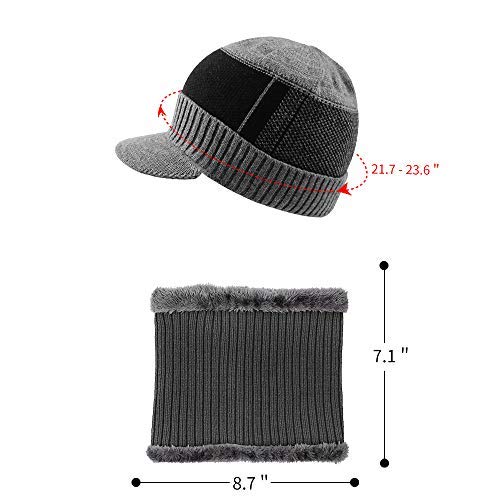 XIAOHAWANG 2-Pieces Winter Hat Scarf Set Knit Cable Visor Beanie Warm Scarves Fleece Lining Patchwork Stripe Newsboy Cap with Brim for Outdoor Sport(Grey)
