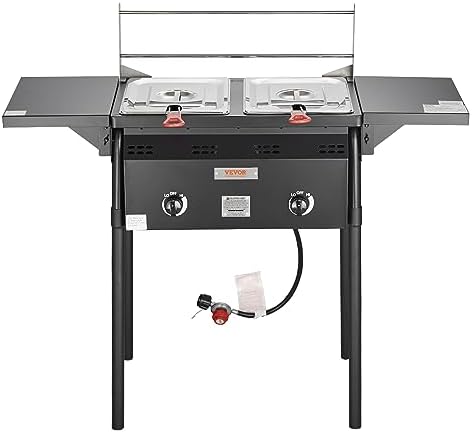 VEVOR Outdoor Propane Deep Fryer, Double Burners Commercial Fryer, 16 Qt Stainless Steel Cooker with Removable Baskets & Lids & Tanks, Oil Fryer Cart with Thermometer & Regulator, For Outdoor Cooking