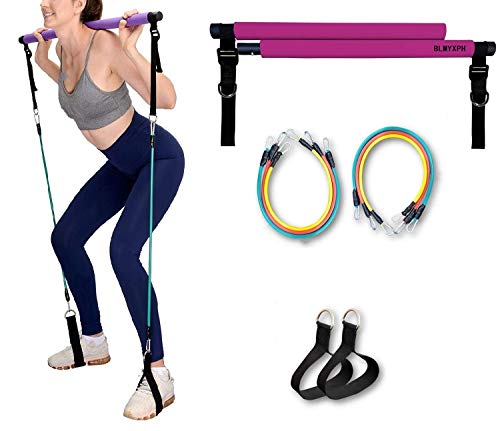 Portable Pilates Stick Yoga Exercise Pilates Bar, Yoga Pilates Bar Reformer Kit, Pilates Bar Kit with Resistance Band,Home Gym Pilates with Foot Loop for Total Body Workout (New-Pink- Pilates)