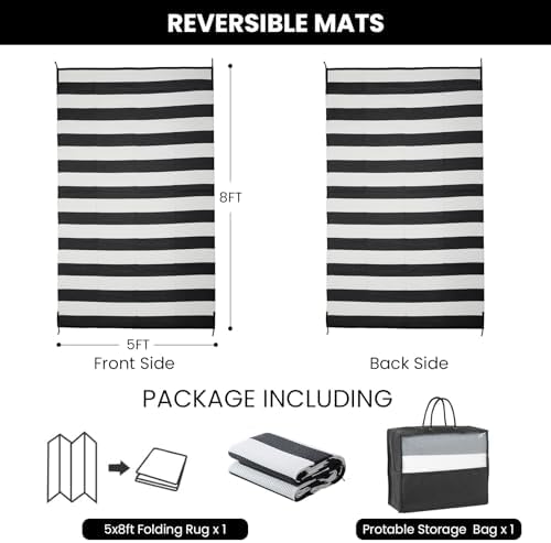 STRICKLANDHOME Outdoor Rug Waterproof 5 x 8 ft, Reversible Plastic Straw Rug for Patio, Large Outdoor Carpet for RV, Patio, Camping, Backyard, Deck, Picnic, Beach, Black & White